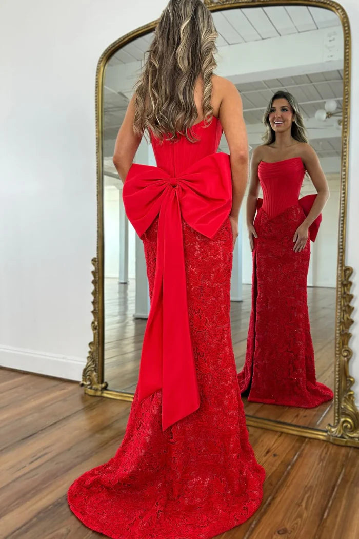 Glamorous Mermaid Strapless Sleeveless Bow-Back Lace Floor-Length Prom Dresses High Side Slit