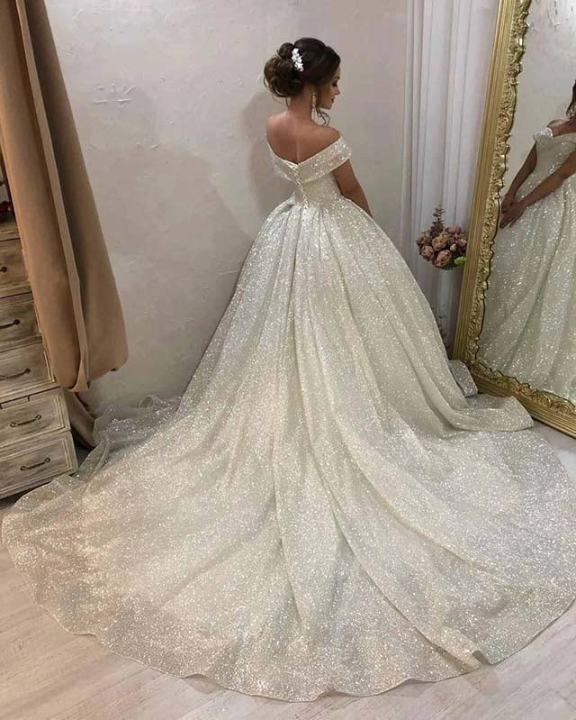 Glamorous Off-the-Shoulder Glitter Ivory Floor-Length Wedding Dress