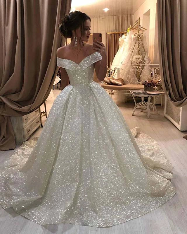 Glamorous Off-the-Shoulder Glitter Ivory Floor-Length Wedding Dress