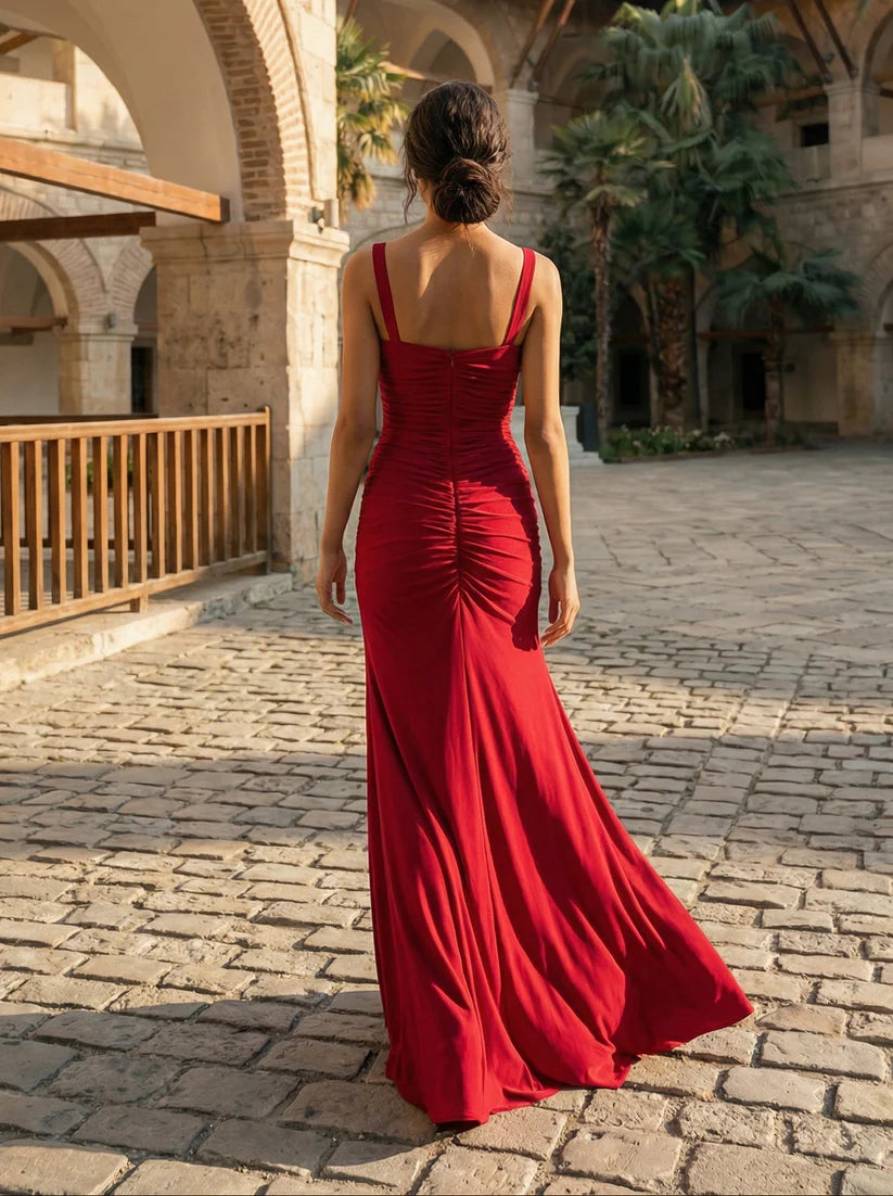 Glamorous Red Sheath Square-Neck Spaghetti-Strap Ruched Floor-Length Prom Dresses