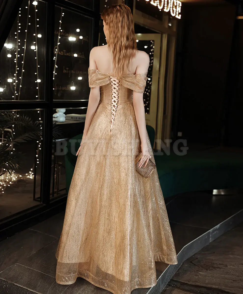 Buyishang Gold Tulle Sequin Off Shoulder Long Prom Dress Gold Formal Evening Dresses prom dress in store