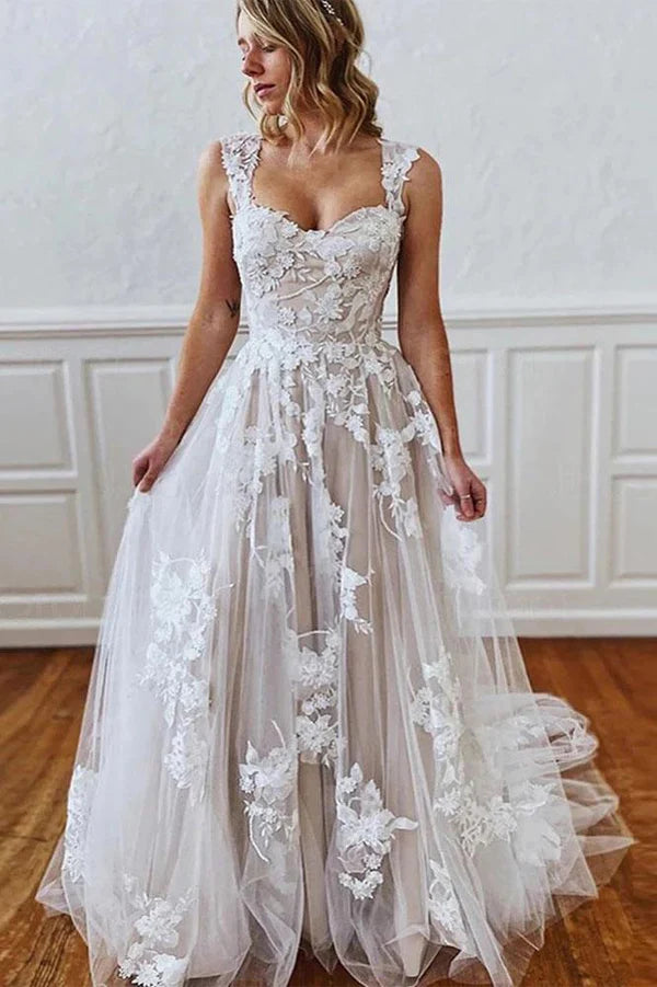 Buyishang A-Line Straps Sweetheart Wedding Dress with Lace Appliques