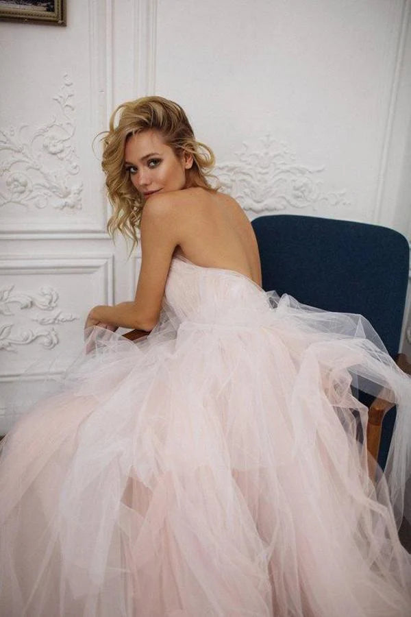 Buyishang Strapless Sweetheart Backless A Line Strapless Tulle Long Wedding Dresses