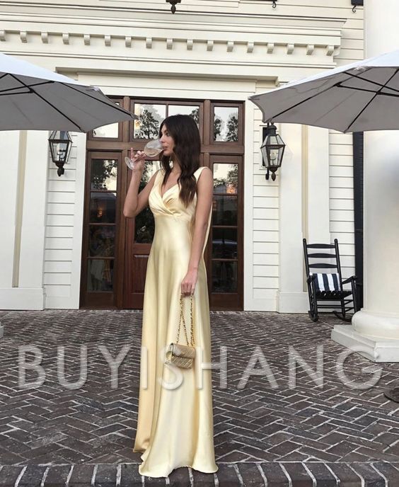 Buyishang Gorgeous A Line V Neckline Yellow Floor Length Evening Dress Prom Dresses