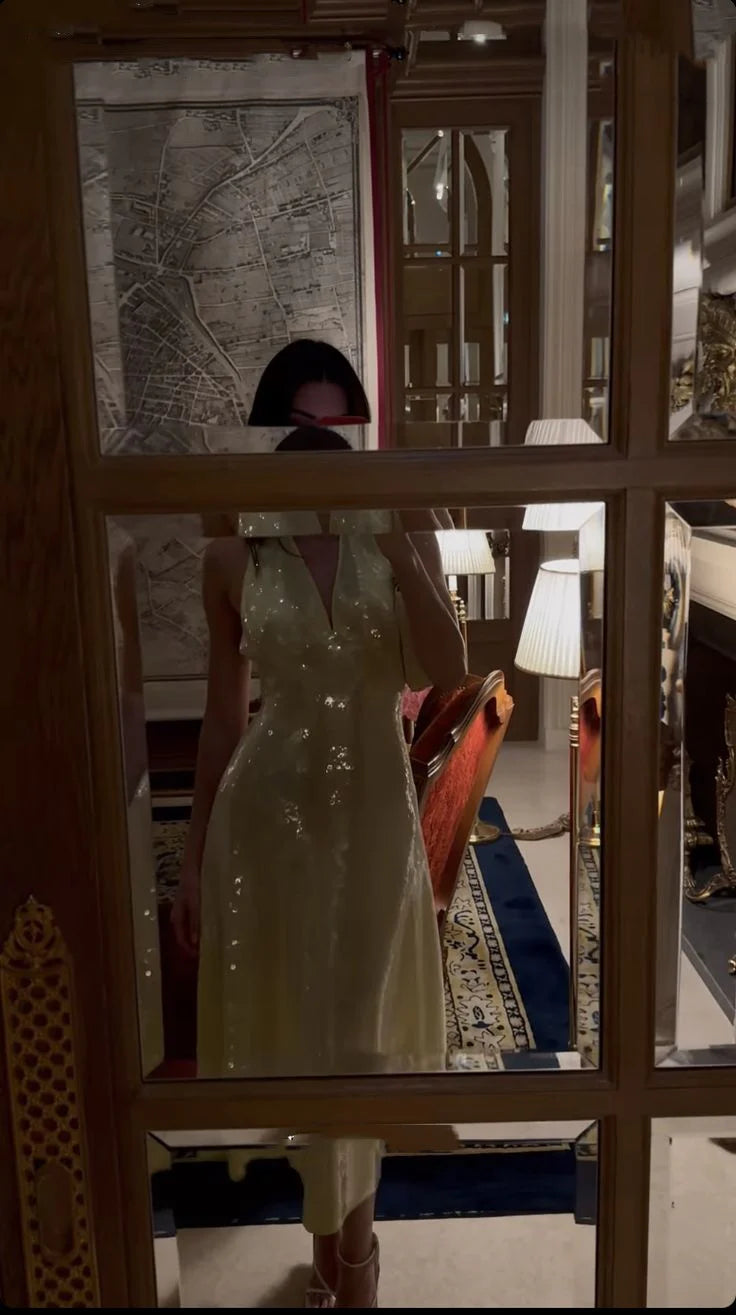 Buyishang Gorgeous A line Halter Tea Length Yellow Sequin Evening Dress Prom Dresses