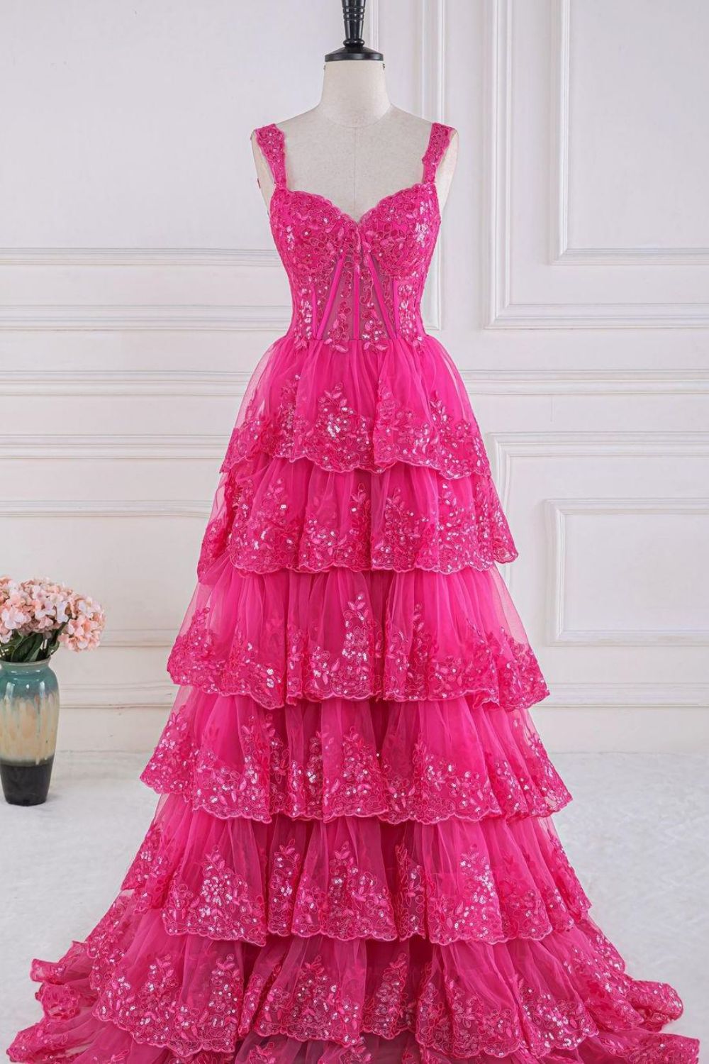 Gorgeous Fuchsia A-Line Off The Shoulder Long Tiered Prom Dress With Appliques