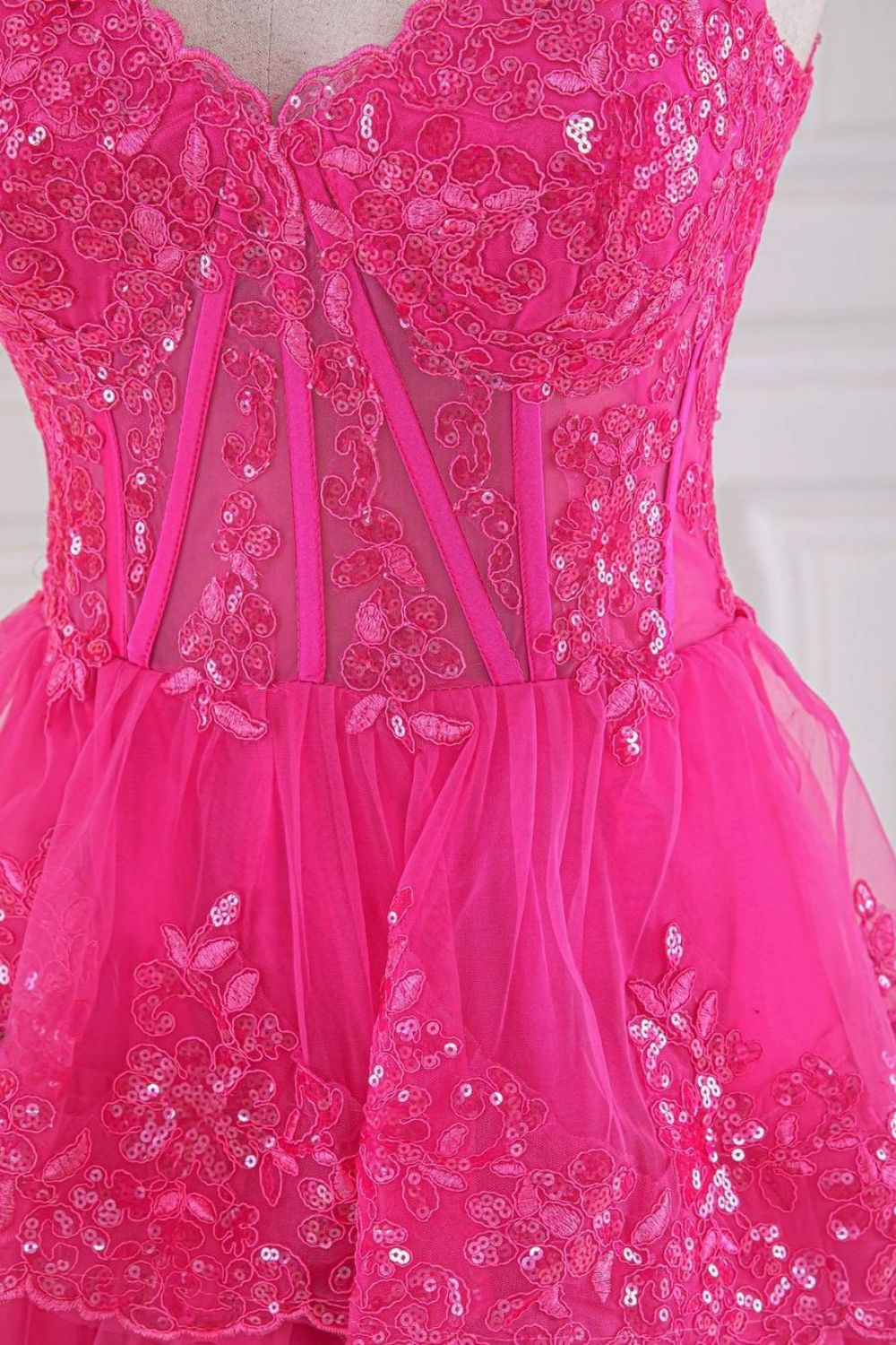 Gorgeous Fuchsia A-Line Off The Shoulder Long Tiered Prom Dress With Appliques
