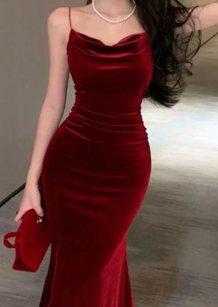 Buyishang Gorgeous Mermaid Spaghetti Straps Burgundy Velvet Long Prom Dresses Formal Evening Dress