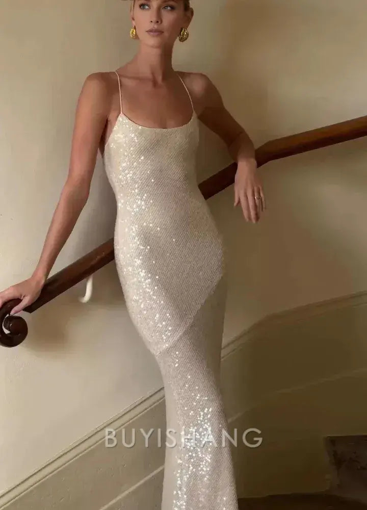Buyishang Gorgeous Mermaid Spaghetti Straps Floor-length Sequin Evening Dress Prom Dresses