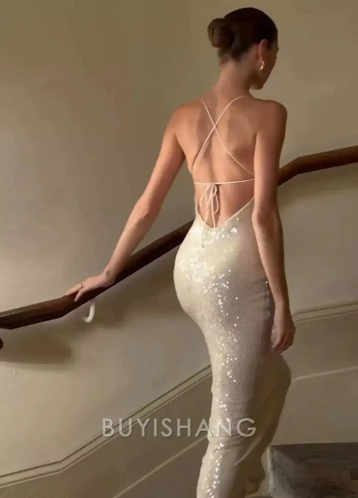 Buyishang Gorgeous Mermaid Spaghetti Straps Floor-length Sequin Evening Dress Prom Dresses