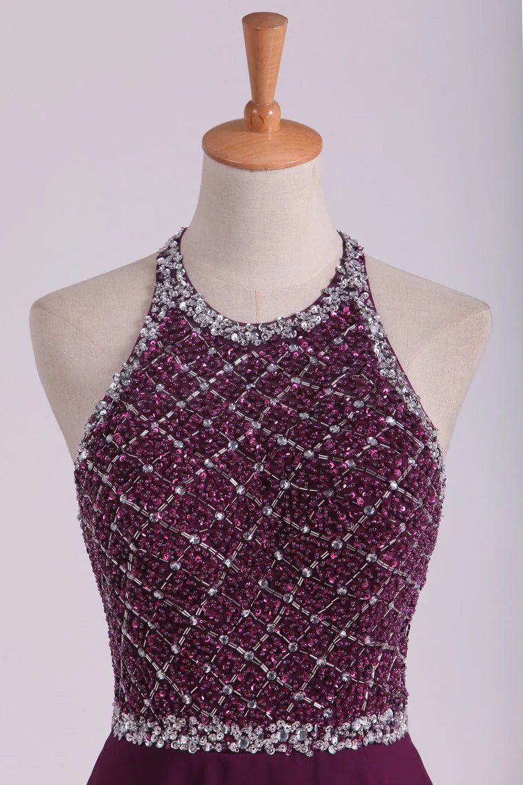 A Line Party Dresses Halter Beaded Bodice Open Back Sweep Train Chiffon & Tulle