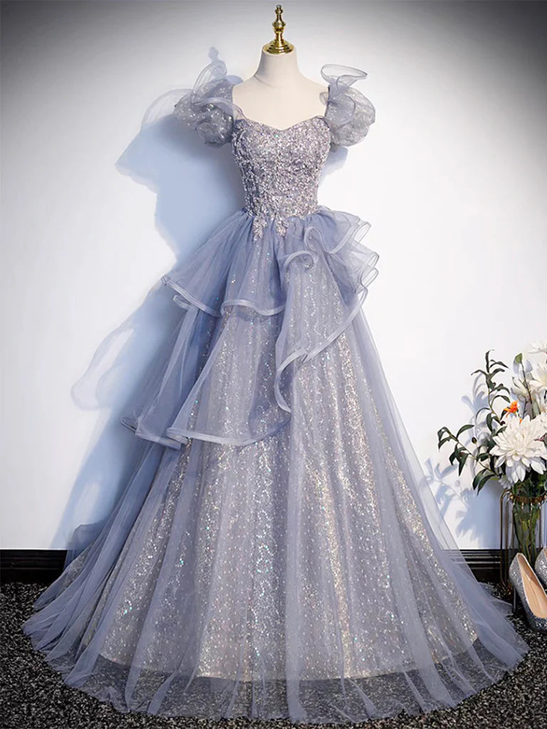 Buyishang A-Line Sweetheart Neck Tulle Sequin Gray Blue Long Prom Dress Gray Blue Long Formal Dress