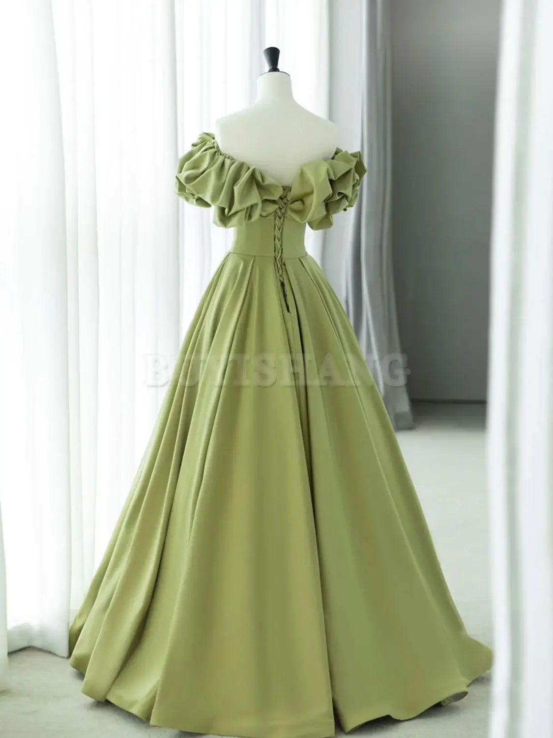 Buyishang Green A-Line Satin Long Prom Dresses Green Formal Evening Dress Bridesmaid dress shop
