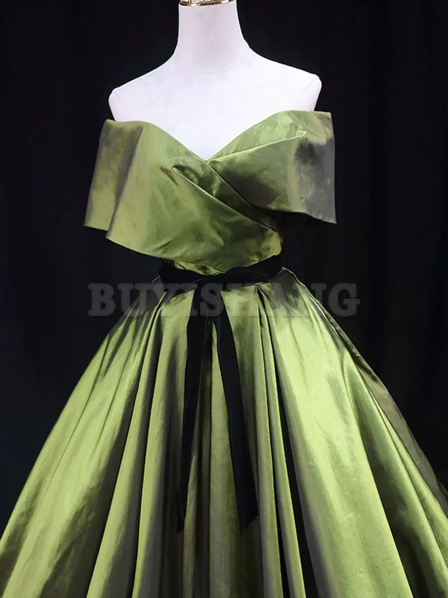 Buyishang Green A line Satin Long Prom Dress Green Satin Formal Evening Dresses Bridesmaid dress shop ﻿