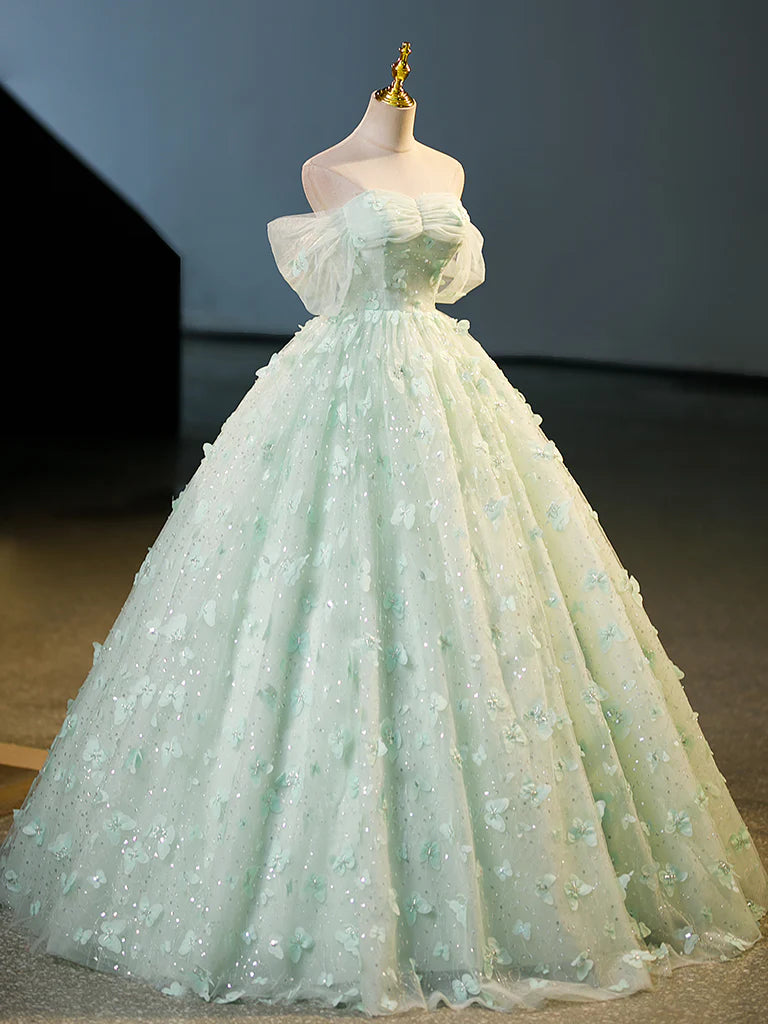 Buyishang Green Tulle A-Line Lace Long Prom Dress Green Lace Long Sweet 16 Dress