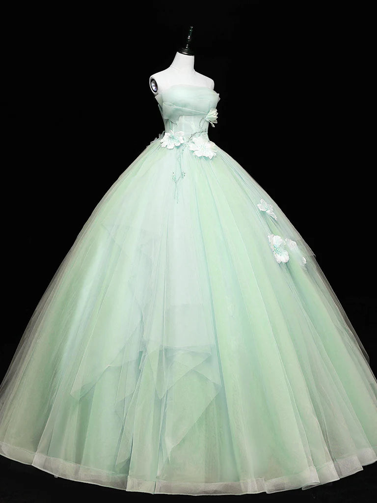 Buyishang Green Tulle Lace Applique Long Prom Dresses Green Sweet 16 Dresses