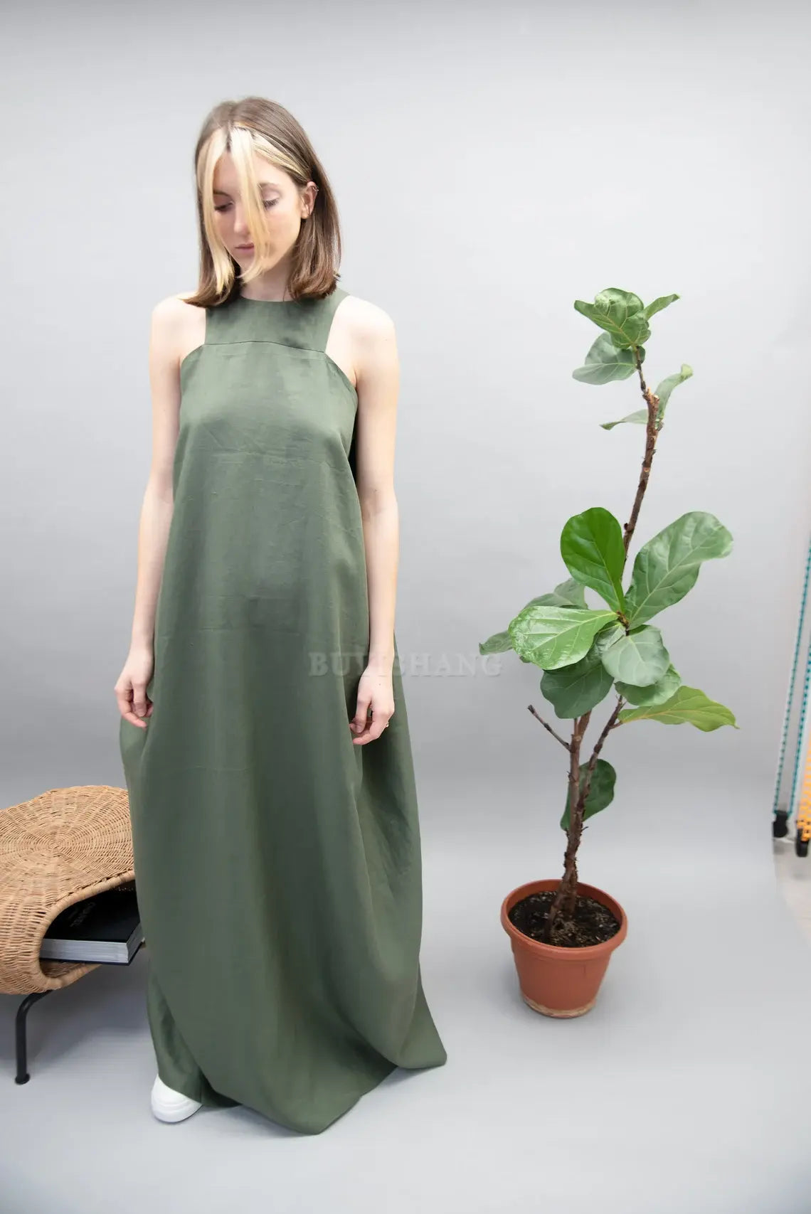 Buyishang Green Kaftan Dress Handmade Linen Dress Side Draped Dress Elegant Dress Zero waste Dress Green Maxi Dress Summer Dress Flowing Dress