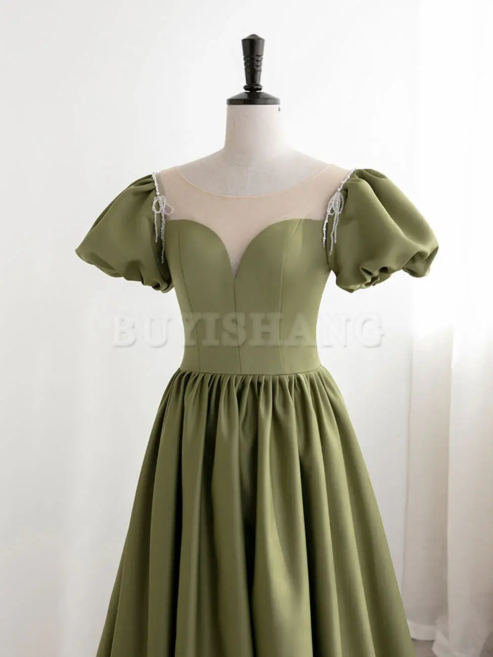 Buyishang Green Puff Sleeves Satin Long Prom Dress Green Long Formal Dresses prom dresses shops ﻿