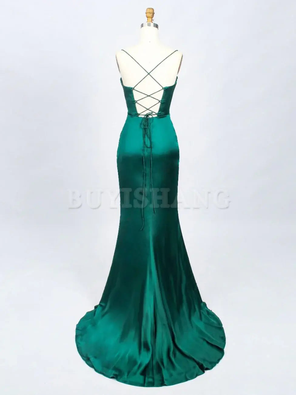 Buyishang Green Satin Long Prom Dresses Green Mermaid Long Formal Dresses Bridesmaid dress shop ﻿