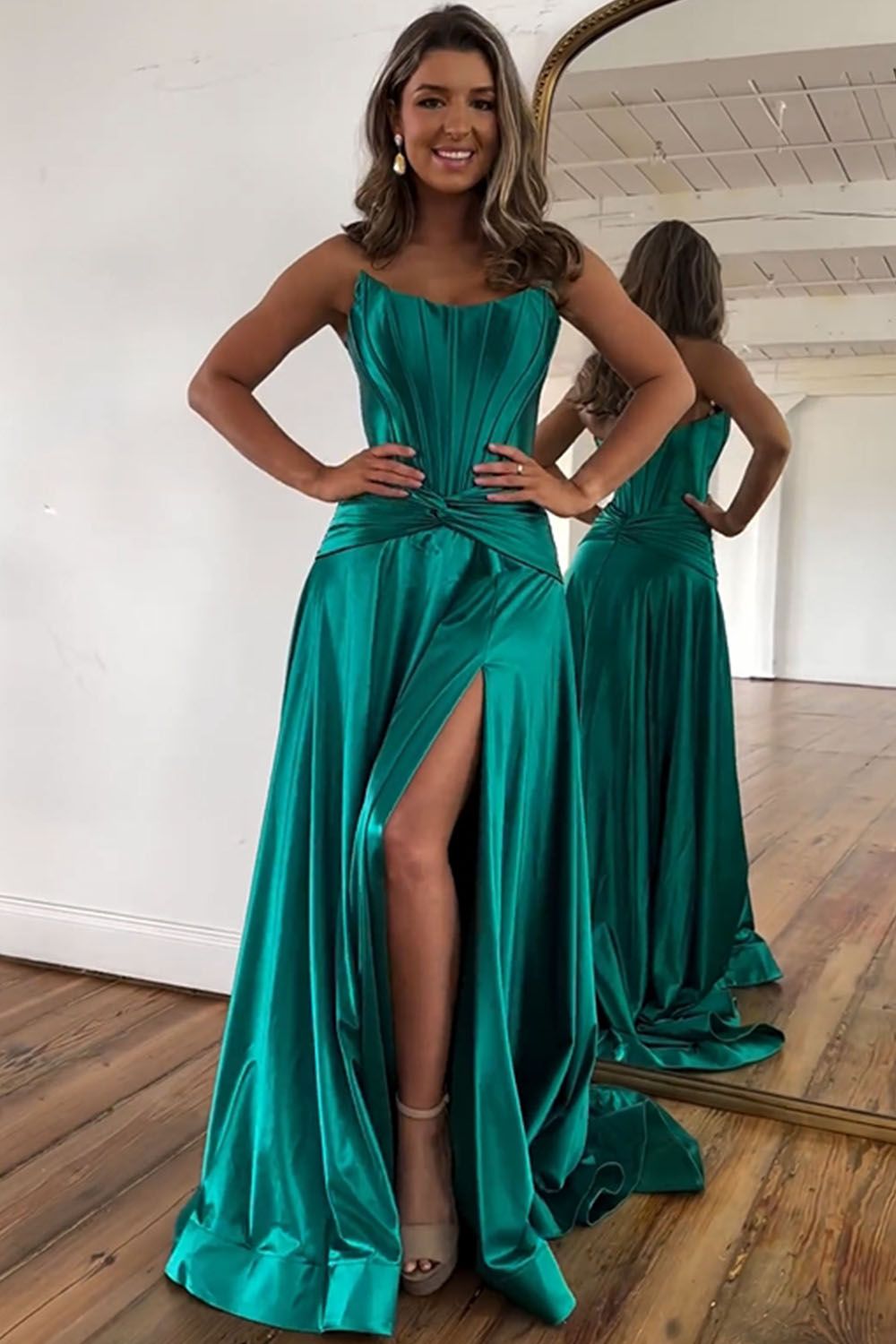 Strapless A-Line Long Satin Prom Party Dress With Split