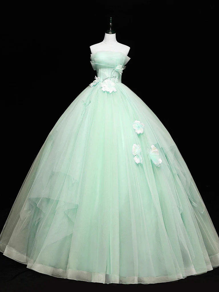Buyishang Green Tulle Lace Applique Long Prom Dresses Green Sweet 16 Dresses