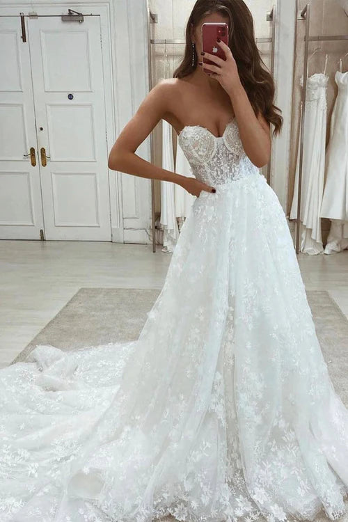 Buyishang A Line Lace Appliques Wedding Dresses Sweetheart Wedding Gowns