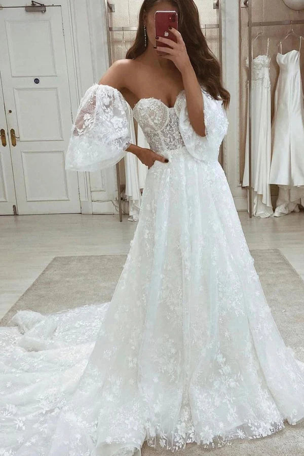 Buyishang A Line Lace Appliques Wedding Dresses Sweetheart Wedding Gowns