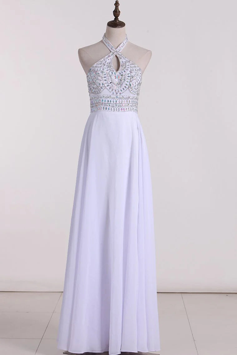 Halter Beaded Bodice A Line Party Dresses Chiffon With Slit