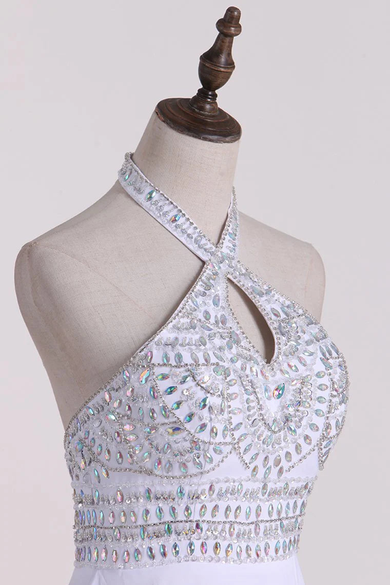 Halter Beaded Bodice A Line Party Dresses Chiffon With Slit