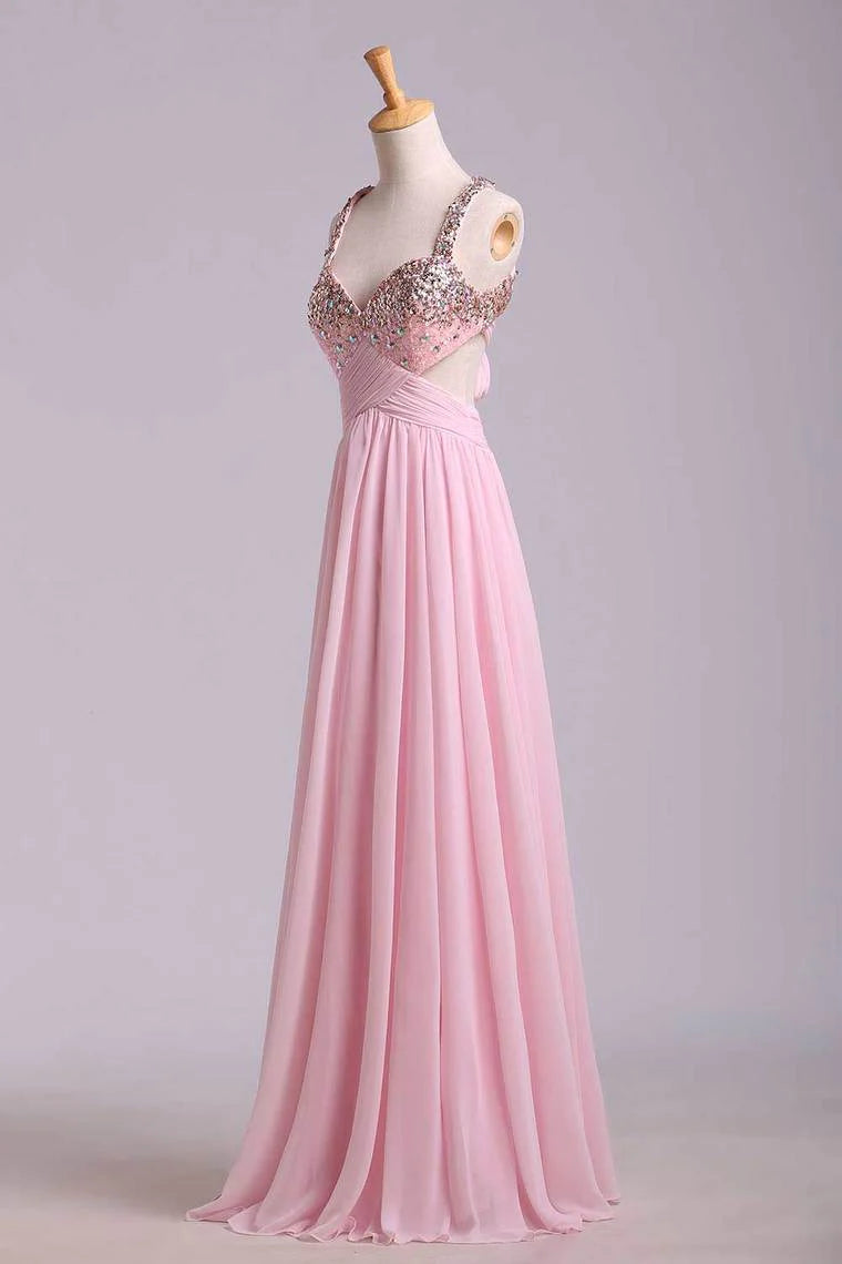 Beaded Bust Twist Straps Back Chiffon Floor Length Party Dress