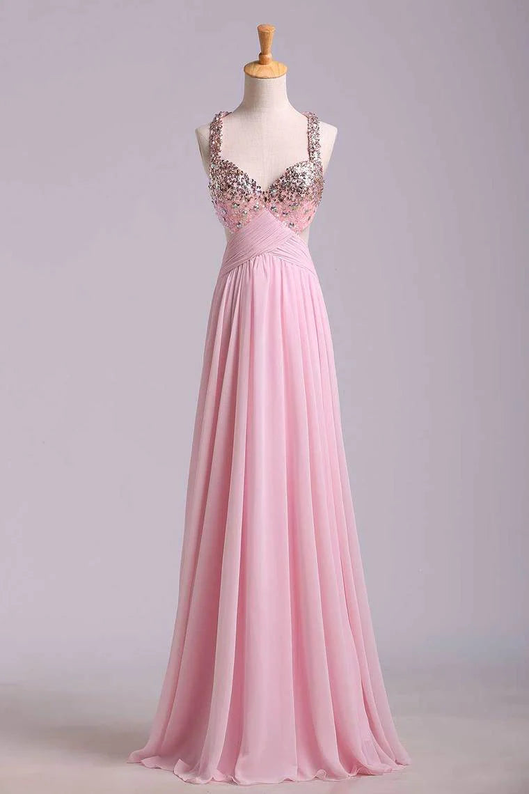 Beaded Bust Twist Straps Back Chiffon Floor Length Party Dress