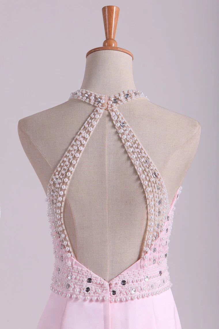 Halter Floor Length Mermaid Party Dresses Open Back Satin With Beads & Rhinestones