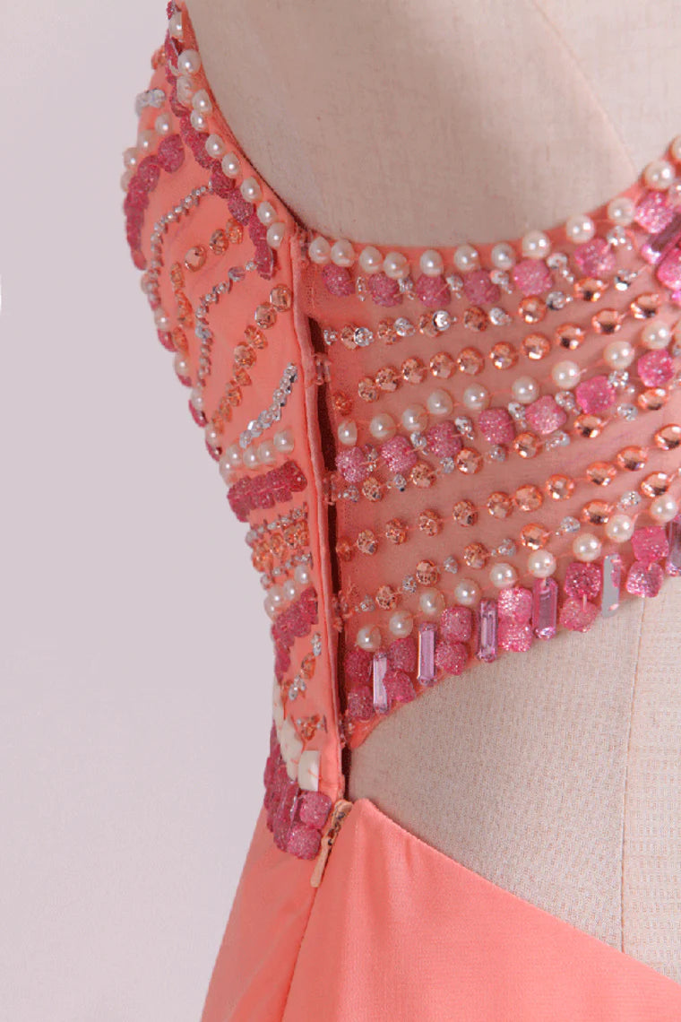 Halter Party Dresses A Line Chiffon & Tulle Sweep Train With Beading