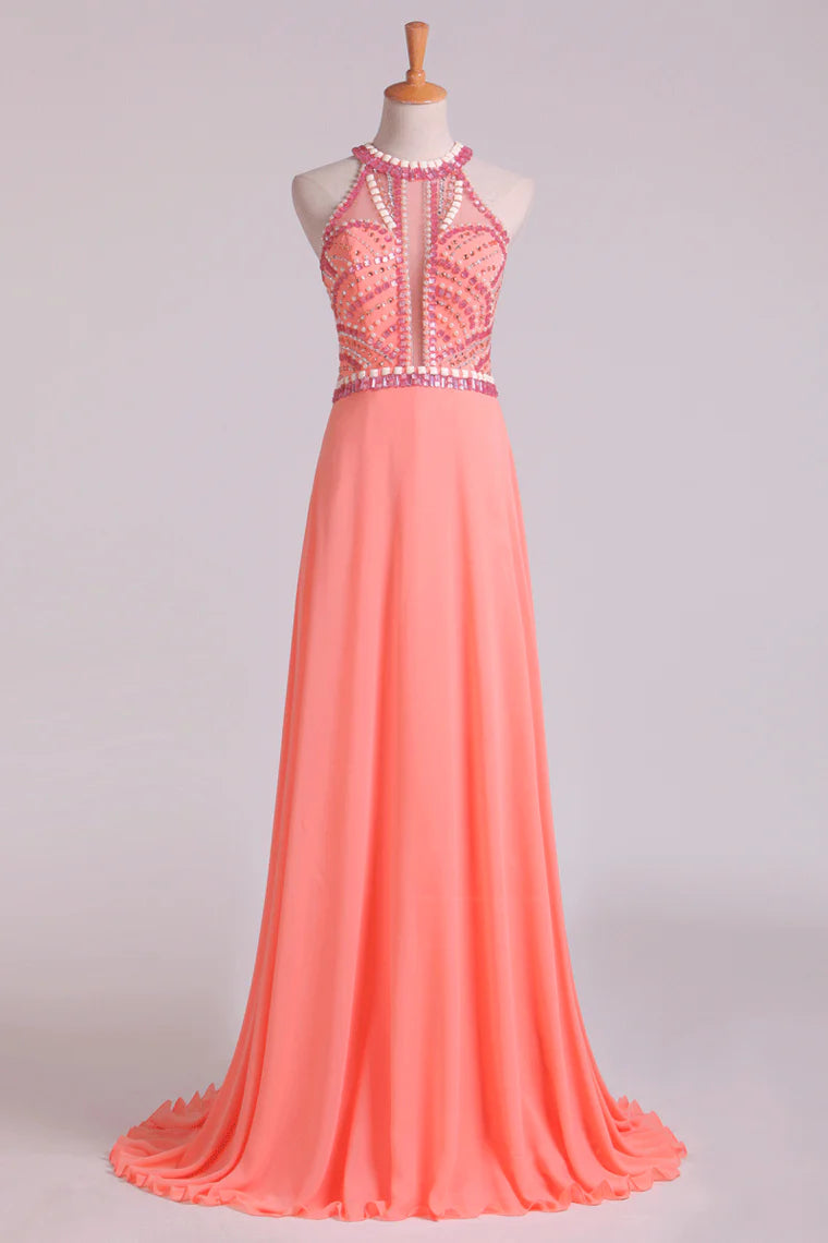 Halter Party Dresses A Line Chiffon & Tulle Sweep Train With Beading