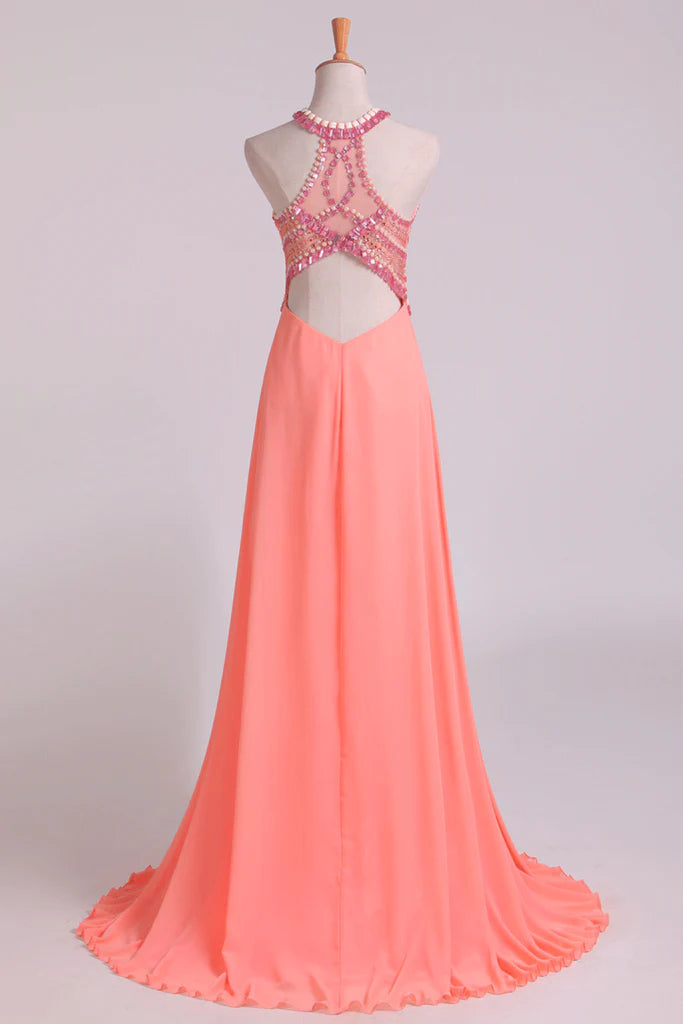 Halter Party Dresses A Line Chiffon & Tulle Sweep Train With Beading