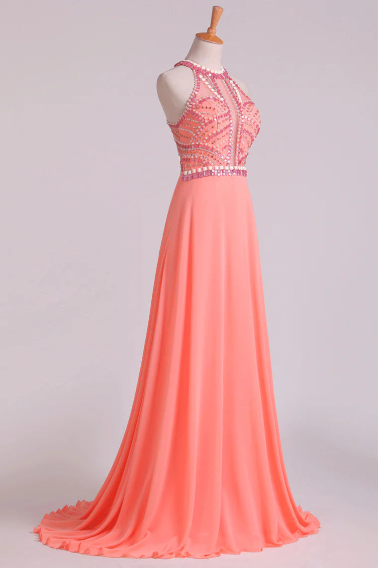 Halter Party Dresses A Line Chiffon & Tulle Sweep Train With Beading