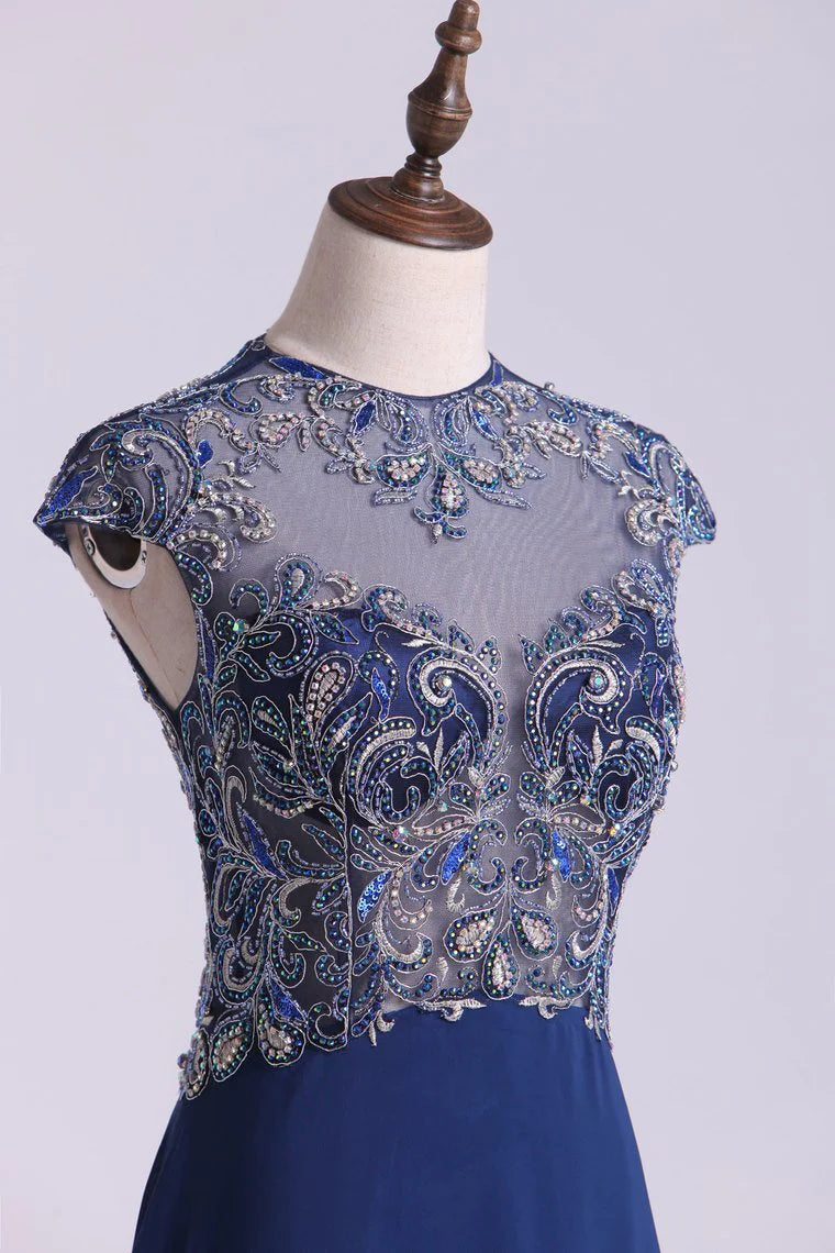 A-Line Party Dresses Chiffon Embellished Tulle Bodice With Beads & Embroidery