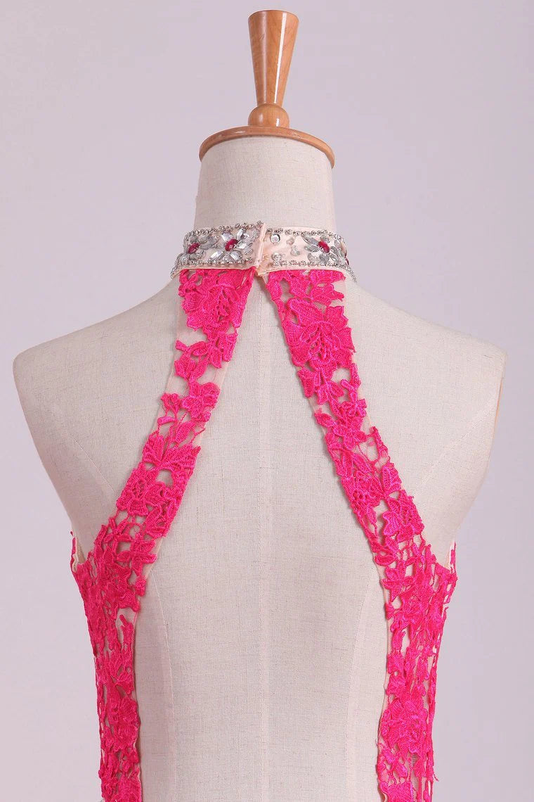 High Neck Open Back Sheath Party Dresses Tulle With Applique And Rhinestones