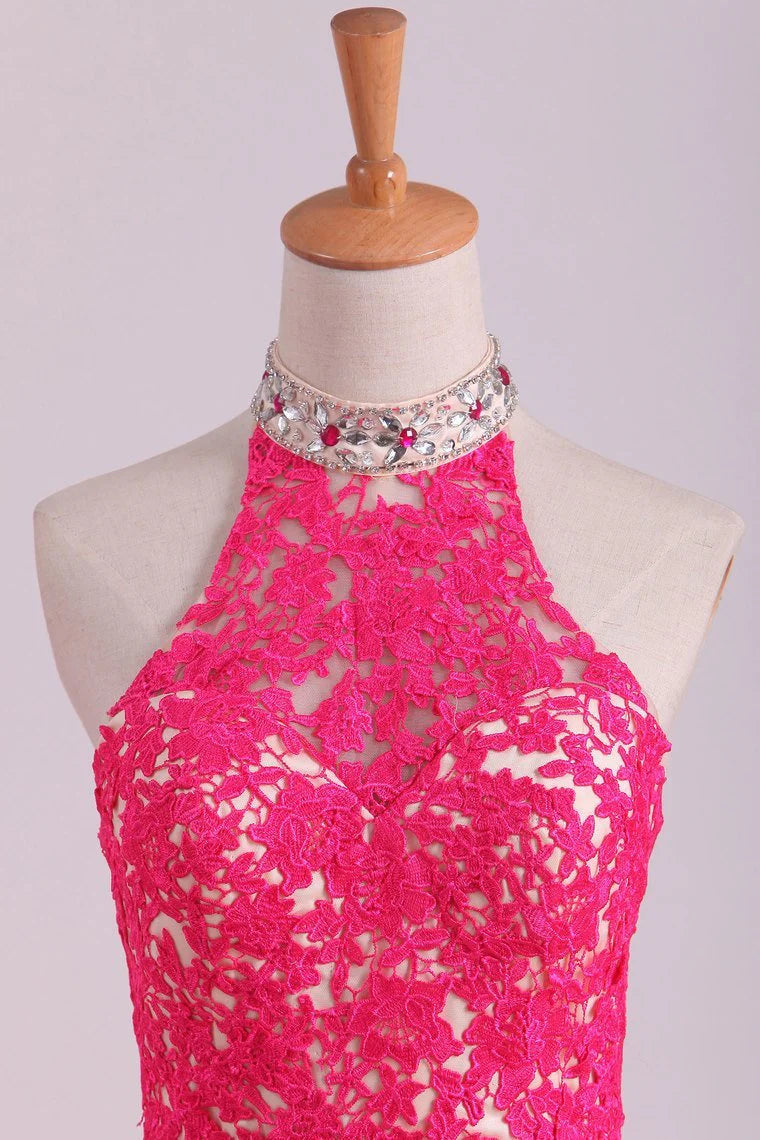 High Neck Open Back Sheath Party Dresses Tulle With Applique And Rhinestones