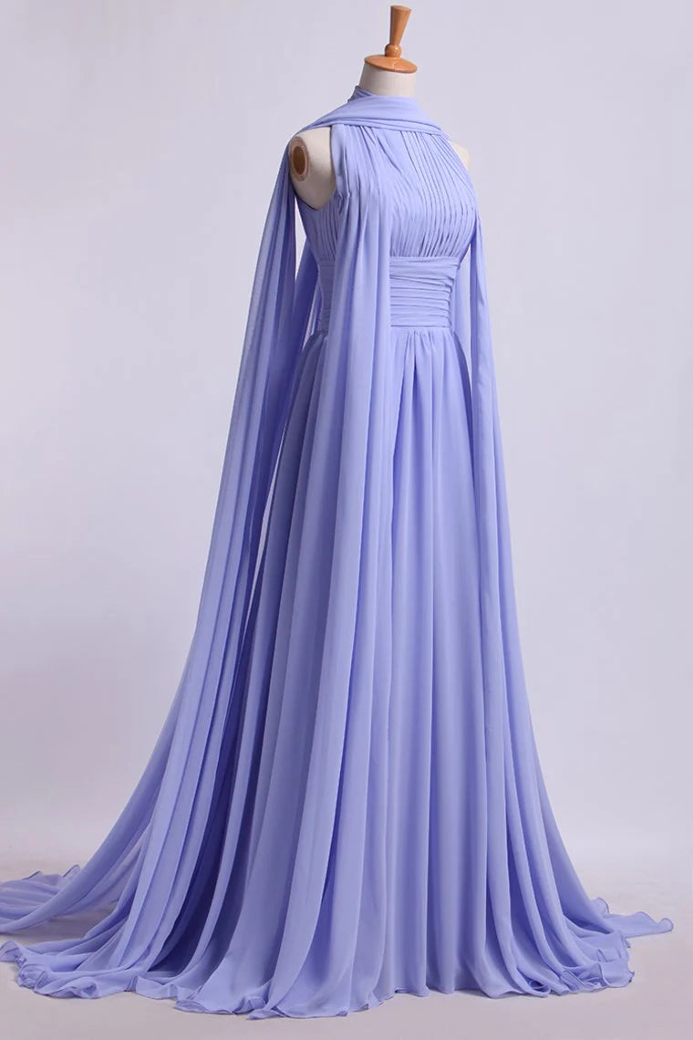 High Neck Pleated Bodice Party Dresses A-Line Chiffon Sweep Train