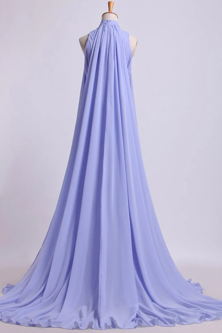 High Neck Pleated Bodice Party Dresses A-Line Chiffon Sweep Train