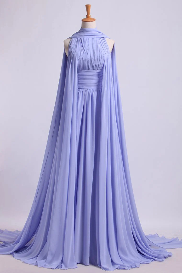 High Neck Pleated Bodice Party Dresses A-Line Chiffon Sweep Train