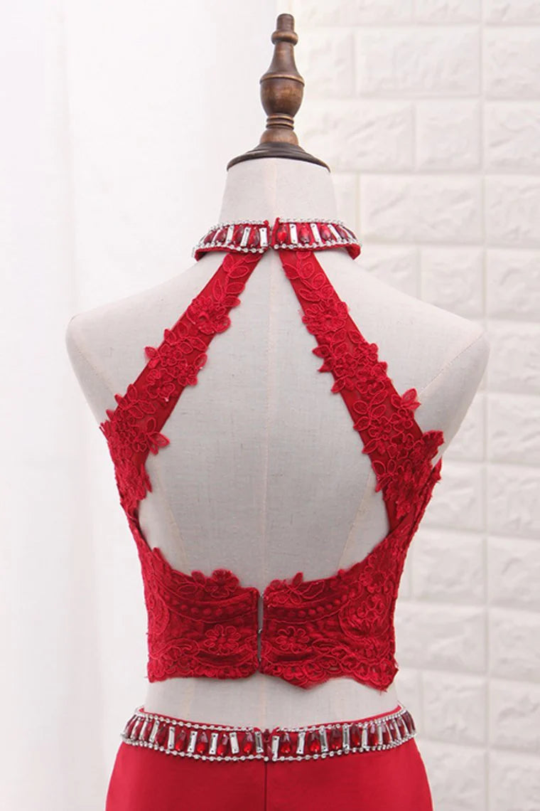 High Neck Spandex Two Pieces Party Dresses With Applique And Beads Sweep Train