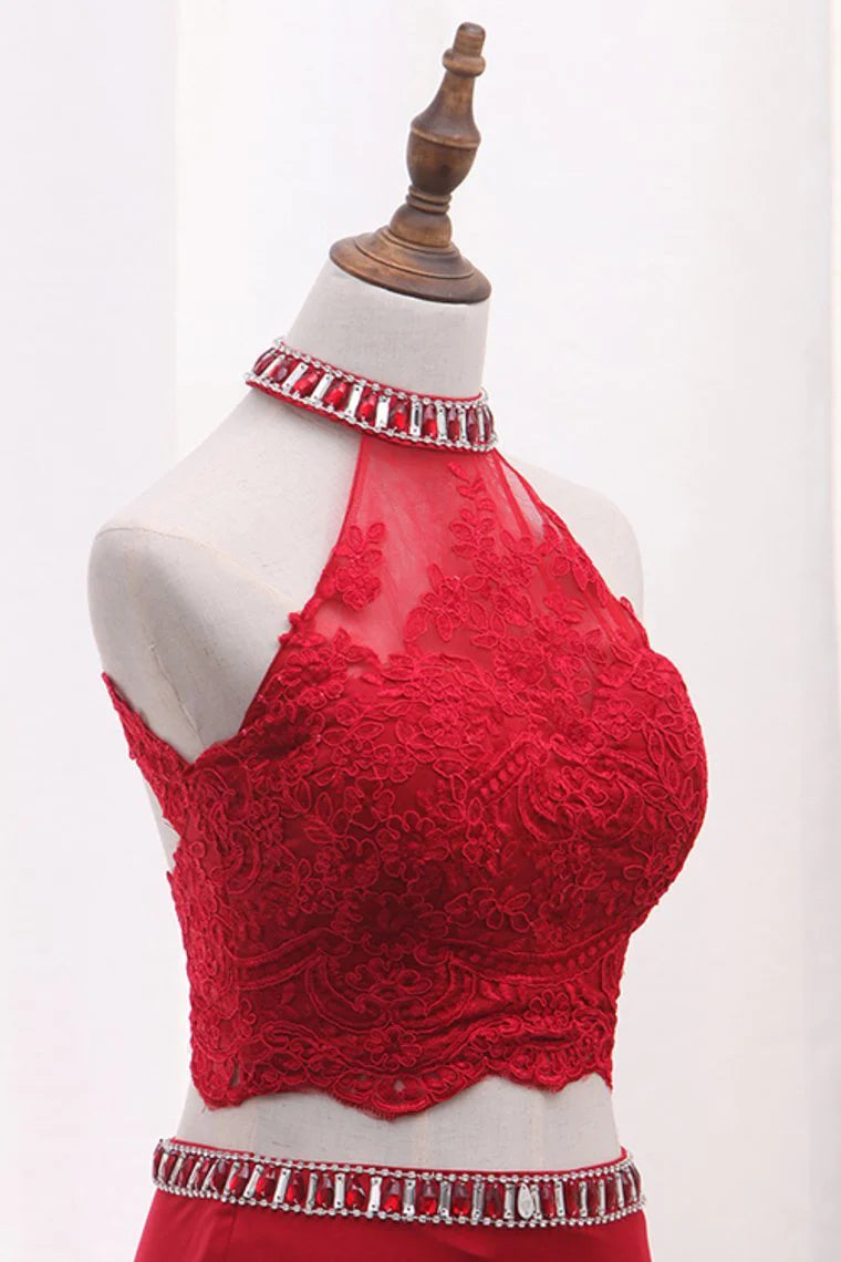 High Neck Spandex Two Pieces Party Dresses With Applique And Beads Sweep Train