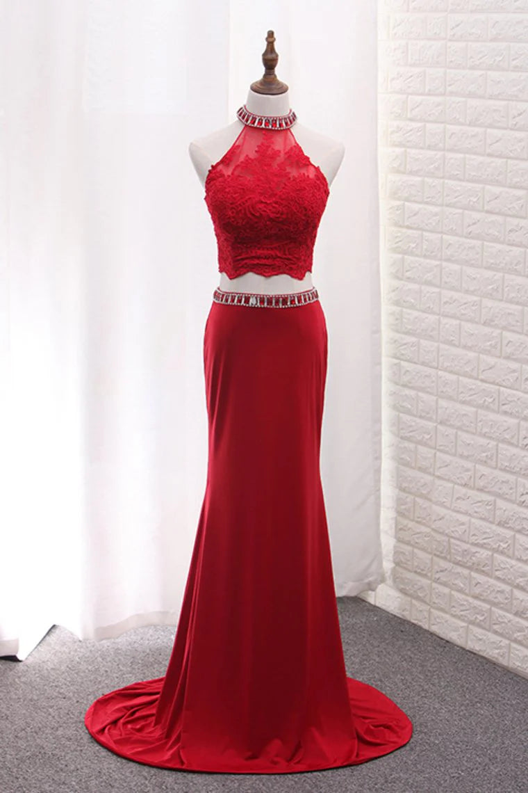High Neck Spandex Two Pieces Party Dresses With Applique And Beads Sweep Train
