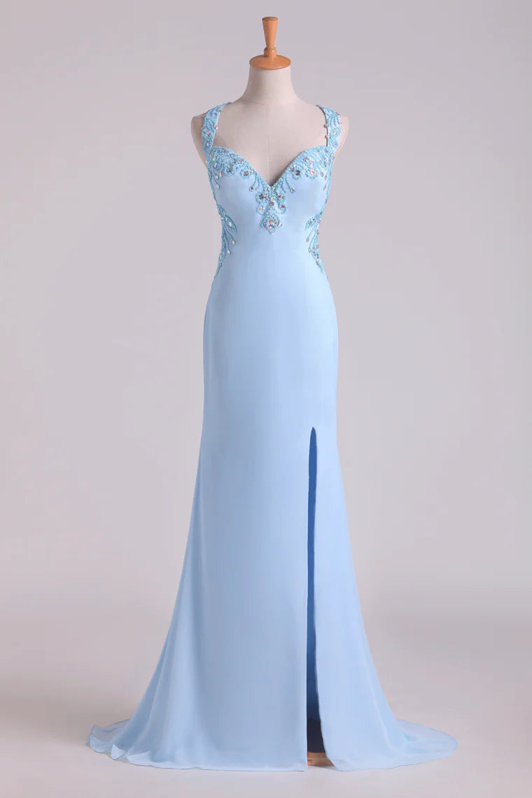 Halter Sheath Party Dresses With Slit And Beading Chiffon Sweep Train