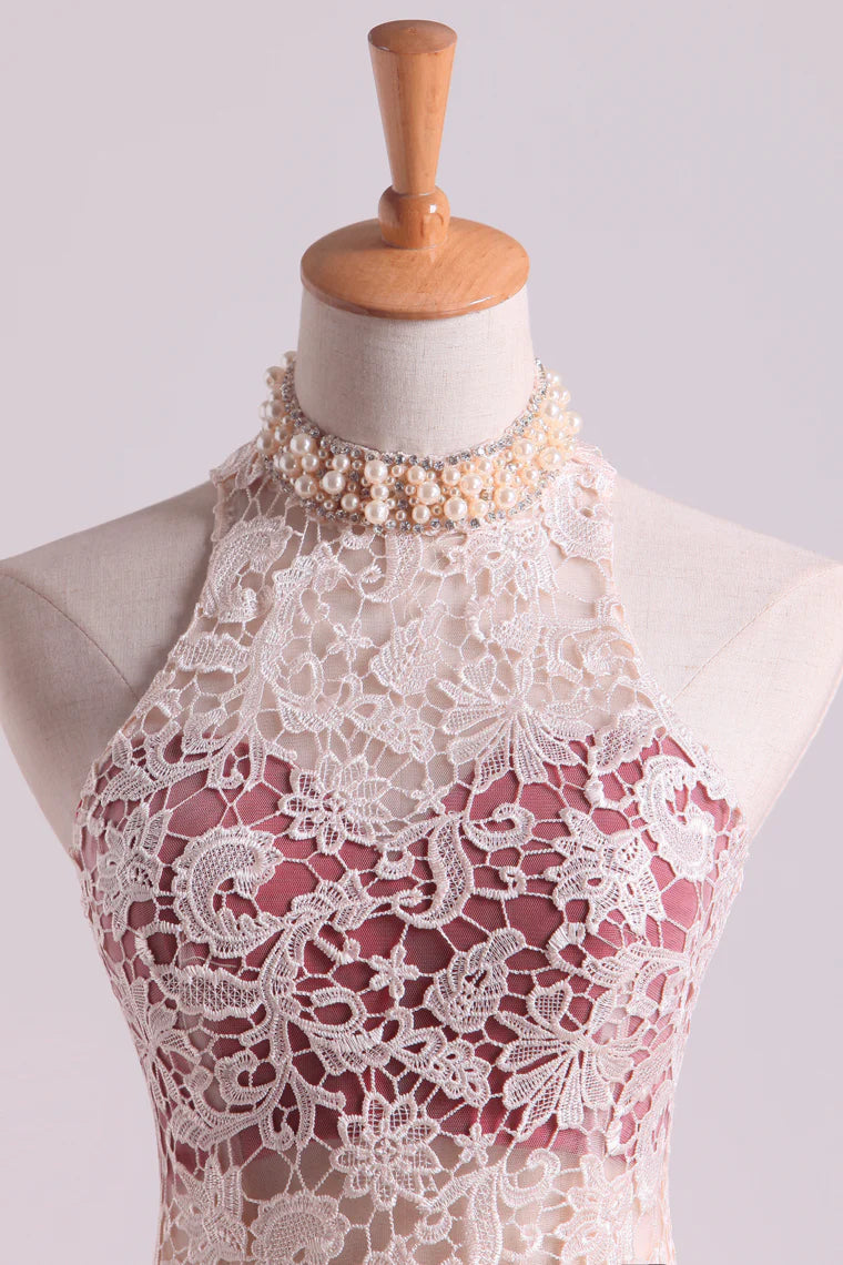 Hot High Neck Party Dresses Sheath Lace & Spandex Sweep Train