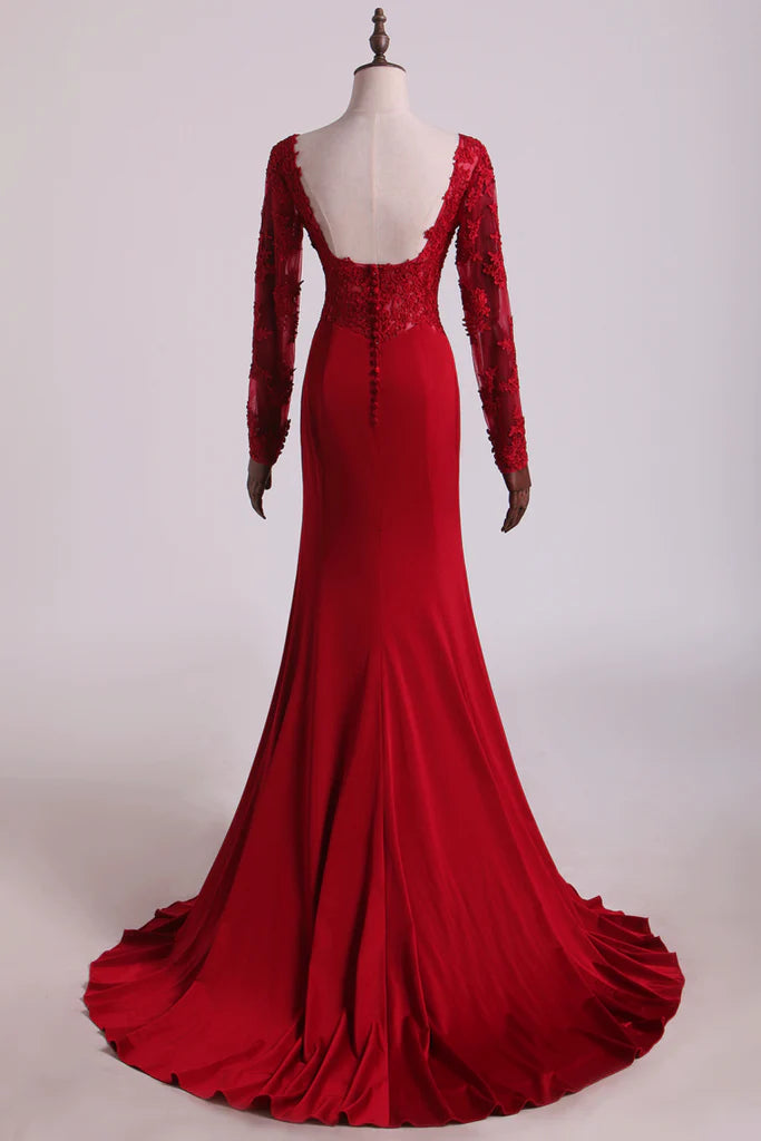 Hot Long Sleeves Party Dresses Spandex Mermaid With Applique Burgundy/Maroon