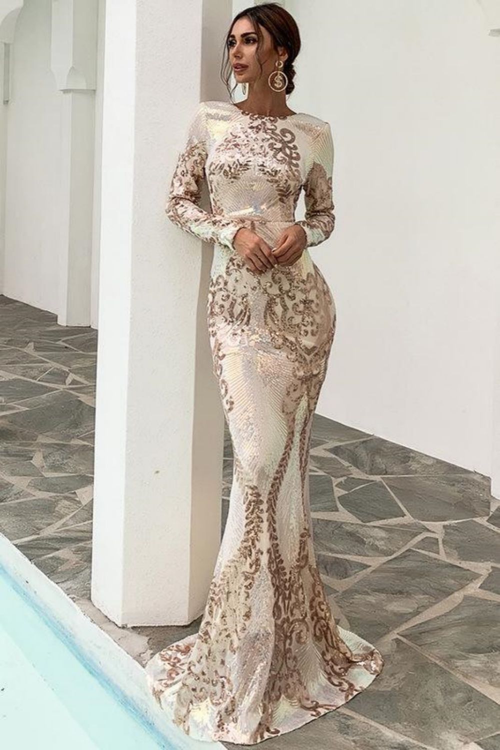 Mermaid Long Sleeves Prom Dress With Sequin Applique