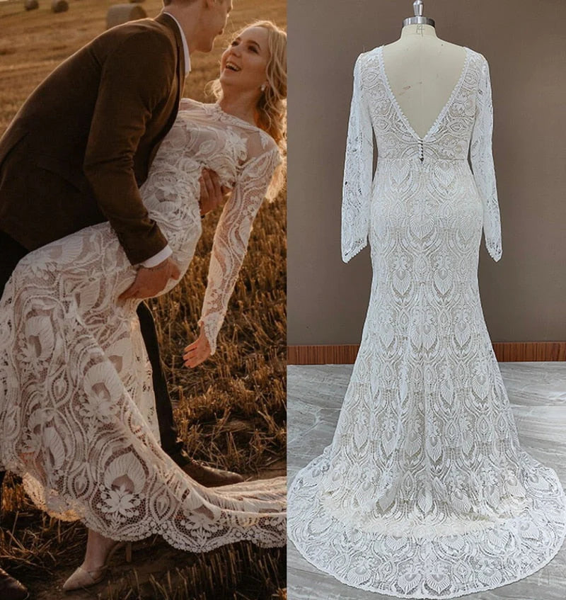 Lace Appliques Mermaid Long Sleeves Chapel Train Wedding Dress